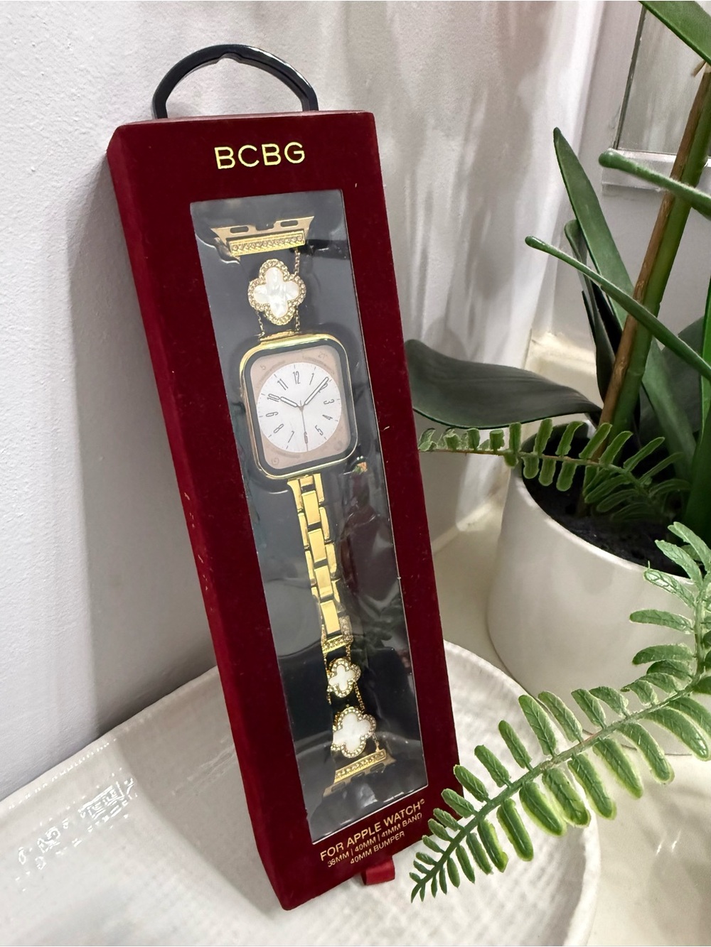 BCBG Gold Tone Bracelet Watch Band with White Clover Accents